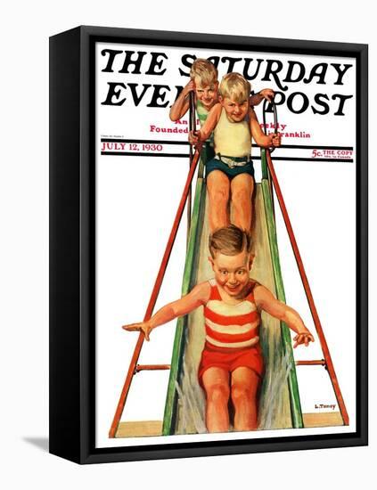 "Sliding into Water," Saturday Evening Post Cover, July 12, 1930-Lawrence Toney-Framed Stretched Canvas