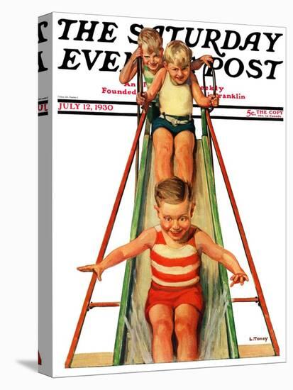 "Sliding into Water," Saturday Evening Post Cover, July 12, 1930-Lawrence Toney-Stretched Canvas