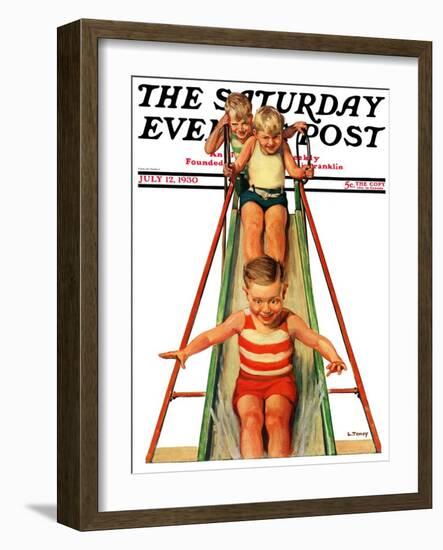 "Sliding into Water," Saturday Evening Post Cover, July 12, 1930-Lawrence Toney-Framed Giclee Print