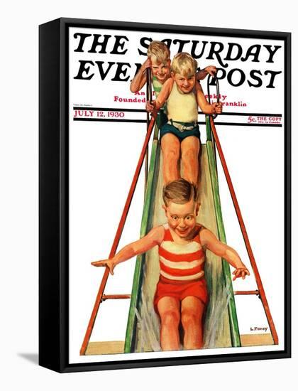 "Sliding into Water," Saturday Evening Post Cover, July 12, 1930-Lawrence Toney-Framed Stretched Canvas