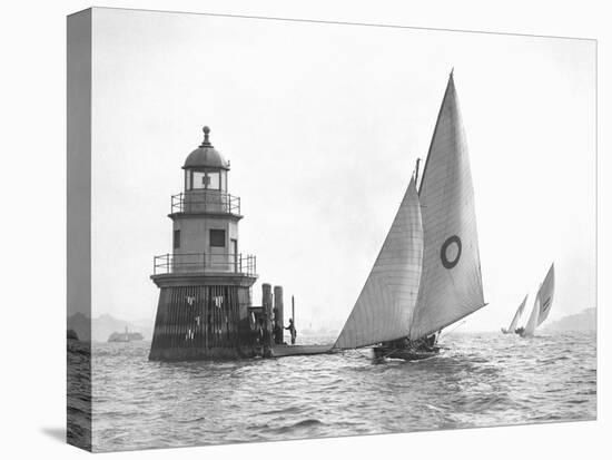 Sloop and Channel Pile Light on Sydney Harbour-null-Stretched Canvas