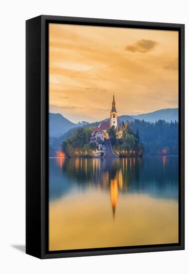 Slovenia, Julian Alps, Upper Carniola, Bled, Lake Bled, Bled Island (Blejski Otok) with Church-Alan Copson-Framed Stretched Canvas