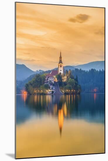 Slovenia, Julian Alps, Upper Carniola, Bled, Lake Bled, Bled Island (Blejski Otok) with Church-Alan Copson-Mounted Photographic Print