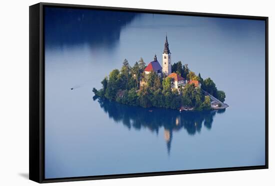 Slovenia, Julian Alps, Upper Carniola, Lake Bled. Aerial View of the Island on Lake Bled-Ken Scicluna-Framed Stretched Canvas