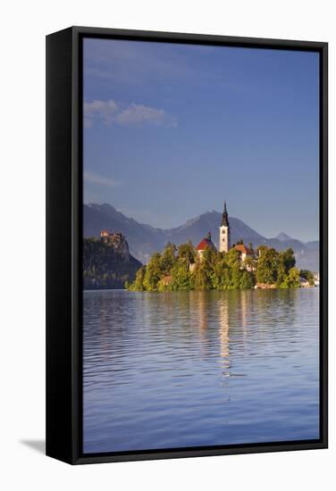 Slovenia, Julian Alps, Upper Carniola, Lake Bled. Island with Church on Lake Bled.-Ken Scicluna-Framed Stretched Canvas