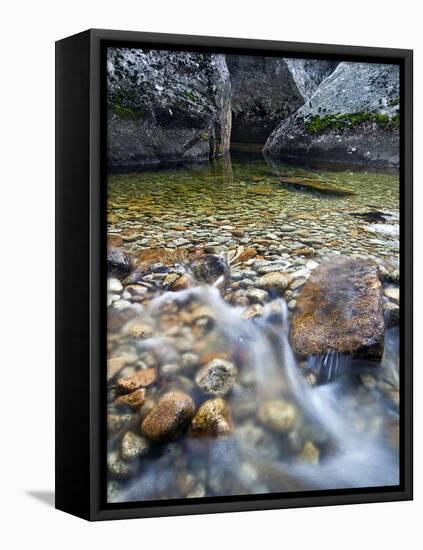 Slow Exposure of Water Flowing Below Vernal Falls with Granite Boulders in the Background.-Ian Shive-Framed Stretched Canvas