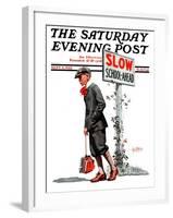 "Slow, School Ahead," Saturday Evening Post Cover, September 5, 1925-George Brehm-Framed Giclee Print