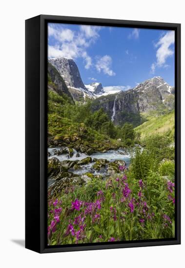 Slow Shutter Speed Silky Water of the Olden River as it Flows Along Briksdalen-Michael Nolan-Framed Stretched Canvas