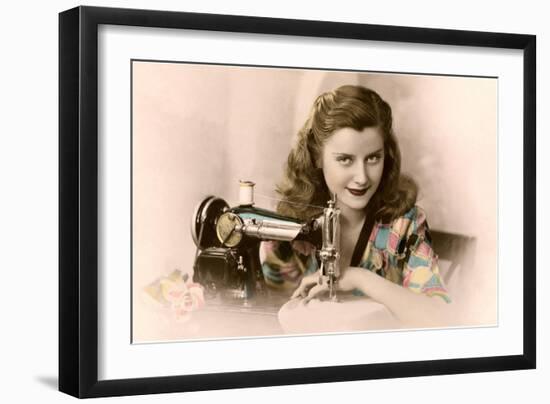 Sly Lady with Sewing Machine-null-Framed Art Print