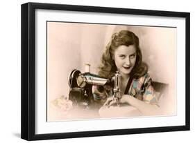 Sly Lady with Sewing Machine-null-Framed Art Print