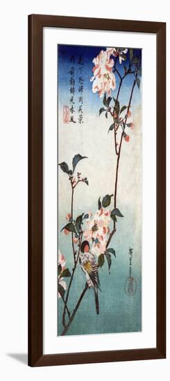 Small Bird on a Branch of Kaidozakura, Japanese Wood-Cut Print-Lantern Press-Framed Art Print