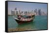 Small Boat and City Centre Skyline, Doha, Qatar, Middle East-Frank Fell-Framed Stretched Canvas