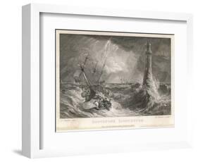 Small Boat in a Rough Sea Sails Perilously Near Smeaton's Third Eddystone Lighthouse Near Plymouth-R. Wallis-Framed Art Print