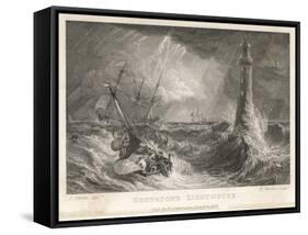 Small Boat in a Rough Sea Sails Perilously Near Smeaton's Third Eddystone Lighthouse Near Plymouth-R. Wallis-Framed Stretched Canvas