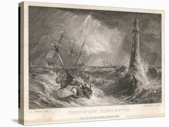 Small Boat in a Rough Sea Sails Perilously Near Smeaton's Third Eddystone Lighthouse Near Plymouth-R. Wallis-Stretched Canvas