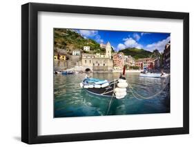 Small Boat in Vernazza Harbor, Cinque Terre, Italy-George Oze-Framed Photographic Print