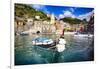 Small Boat in Vernazza Harbor, Cinque Terre, Italy-George Oze-Framed Photographic Print