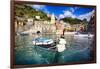 Small Boat in Vernazza Harbor, Cinque Terre, Italy-George Oze-Framed Photographic Print