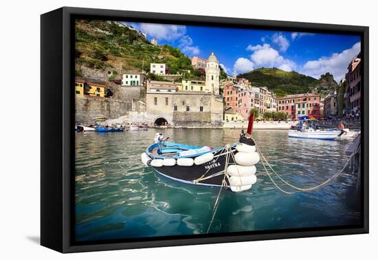 Small Boat in Vernazza Harbor, Cinque Terre, Italy-George Oze-Framed Stretched Canvas