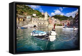 Small Boat in Vernazza Harbor, Cinque Terre, Italy-George Oze-Framed Stretched Canvas