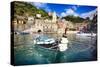 Small Boat in Vernazza Harbor, Cinque Terre, Italy-George Oze-Stretched Canvas