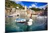 Small Boat in Vernazza Harbor, Cinque Terre, Italy-George Oze-Mounted Photographic Print