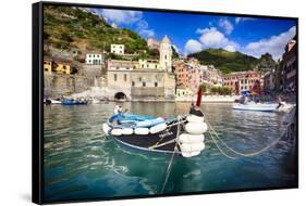 Small Boat in Vernazza Harbor, Cinque Terre, Italy-George Oze-Framed Stretched Canvas