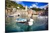 Small Boat in Vernazza Harbor, Cinque Terre, Italy-George Oze-Stretched Canvas