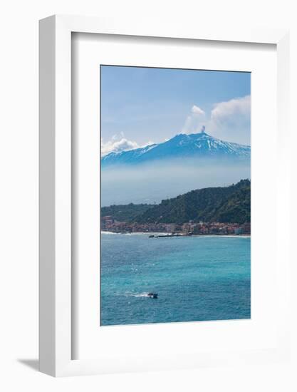 Small Boat Passing the Awe Inspiring Mount Etna, UNESCO World Heritage Site-Martin Child-Framed Photographic Print