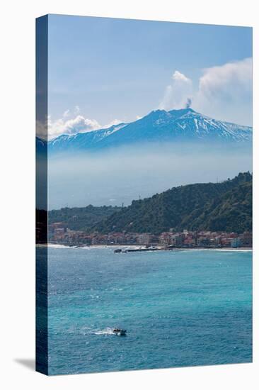 Small Boat Passing the Awe Inspiring Mount Etna, UNESCO World Heritage Site-Martin Child-Stretched Canvas