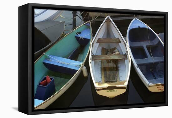 Small Boats Along Bar Harbor Pier, Mount Desert Island on the Atlantic Coast of Maine-null-Framed Stretched Canvas