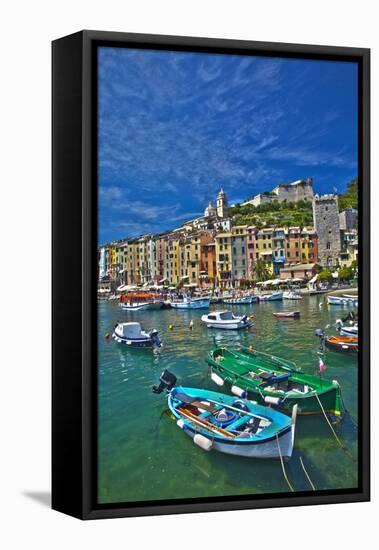 Small Boats at Anchor in Harbor, Portovenere, La Spezia, Italy-Terry Eggers-Framed Stretched Canvas