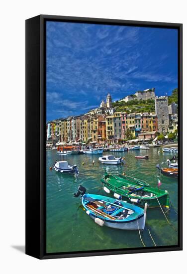 Small Boats at Anchor in Harbor, Portovenere, La Spezia, Italy-Terry Eggers-Framed Stretched Canvas