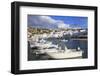 Small boats in harbour, whitewashed Mykonos Town (Chora) with windmills on hillside, Mykonos, Cycla-Eleanor Scriven-Framed Photographic Print