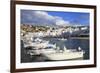 Small boats in harbour, whitewashed Mykonos Town (Chora) with windmills on hillside, Mykonos, Cycla-Eleanor Scriven-Framed Photographic Print