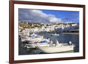 Small boats in harbour, whitewashed Mykonos Town (Chora) with windmills on hillside, Mykonos, Cycla-Eleanor Scriven-Framed Photographic Print