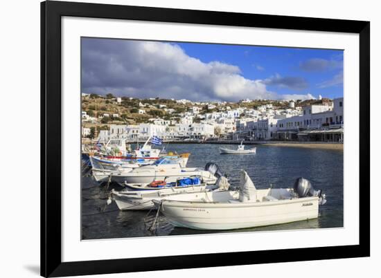 Small boats in harbour, whitewashed Mykonos Town (Chora) with windmills on hillside, Mykonos, Cycla-Eleanor Scriven-Framed Photographic Print