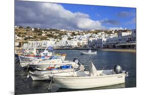 Small boats in harbour, whitewashed Mykonos Town (Chora) with windmills on hillside, Mykonos, Cycla-Eleanor Scriven-Mounted Photographic Print