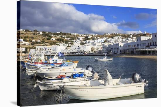 Small boats in harbour, whitewashed Mykonos Town (Chora) with windmills on hillside, Mykonos, Cycla-Eleanor Scriven-Stretched Canvas