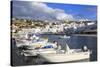 Small boats in harbour, whitewashed Mykonos Town (Chora) with windmills on hillside, Mykonos, Cycla-Eleanor Scriven-Stretched Canvas