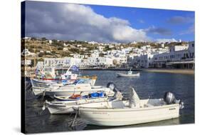 Small boats in harbour, whitewashed Mykonos Town (Chora) with windmills on hillside, Mykonos, Cycla-Eleanor Scriven-Stretched Canvas