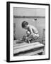 Small Boy Catching Fish with a Net-null-Framed Photographic Print