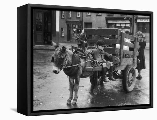 Small Boy Waits Patiently on a Donkey Cart in the Market Place at Kildare Co Kildare Ireland-null-Framed Stretched Canvas