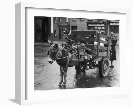 Small Boy Waits Patiently on a Donkey Cart in the Market Place at Kildare Co Kildare Ireland-null-Framed Photographic Print