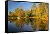 Small bridge and autumn colors reflected on tranquil pond, New Hampshire-Adam Jones-Framed Stretched Canvas