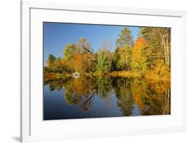 Small bridge and autumn colors reflected on tranquil pond, New Hampshire-Adam Jones-Framed Photographic Print