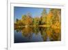 Small bridge and autumn colors reflected on tranquil pond, New Hampshire-Adam Jones-Framed Photographic Print