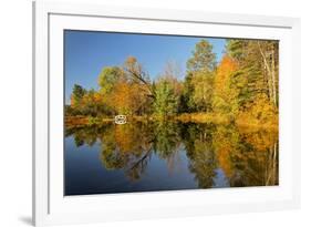 Small bridge and autumn colors reflected on tranquil pond, New Hampshire-Adam Jones-Framed Photographic Print