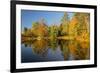 Small bridge and autumn colors reflected on tranquil pond, New Hampshire-Adam Jones-Framed Photographic Print