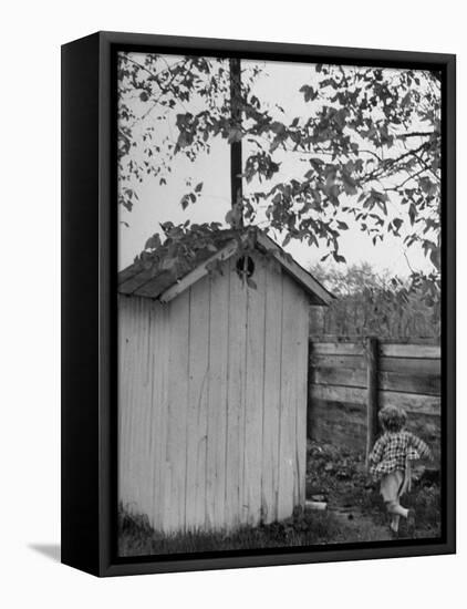 Small Child Running to the Outhouse at Rural School-Thomas D^ Mcavoy-Framed Stretched Canvas